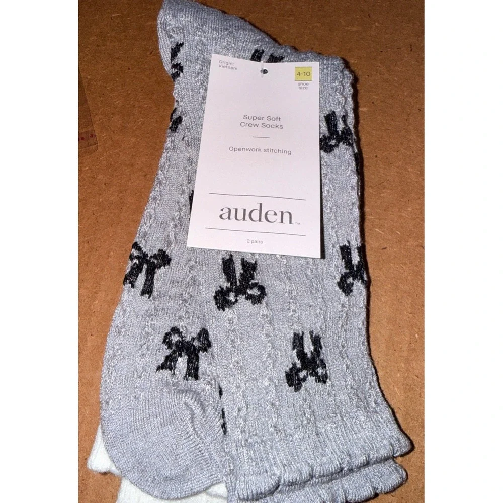 Auden Super Soft Crew Socks Women 4-10 New 2pk Grey Bows White Openwork